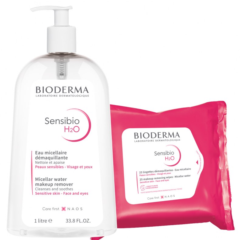 Bioderma Sensibio H2O Micellás Víz 1L + Sensibio H2O Arc- És Sminklemosó Törlőkendő 25Db