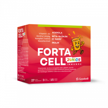 Fortacell Immuno+ Junior vitaminokat, ásványi anyagokat, béta-glükánt, acerola gyümölcs kivonatot és inulint tartalmazó étrend-kiegészítő por belsőleges oldathoz cukorral és édesítőszerekkel 15×