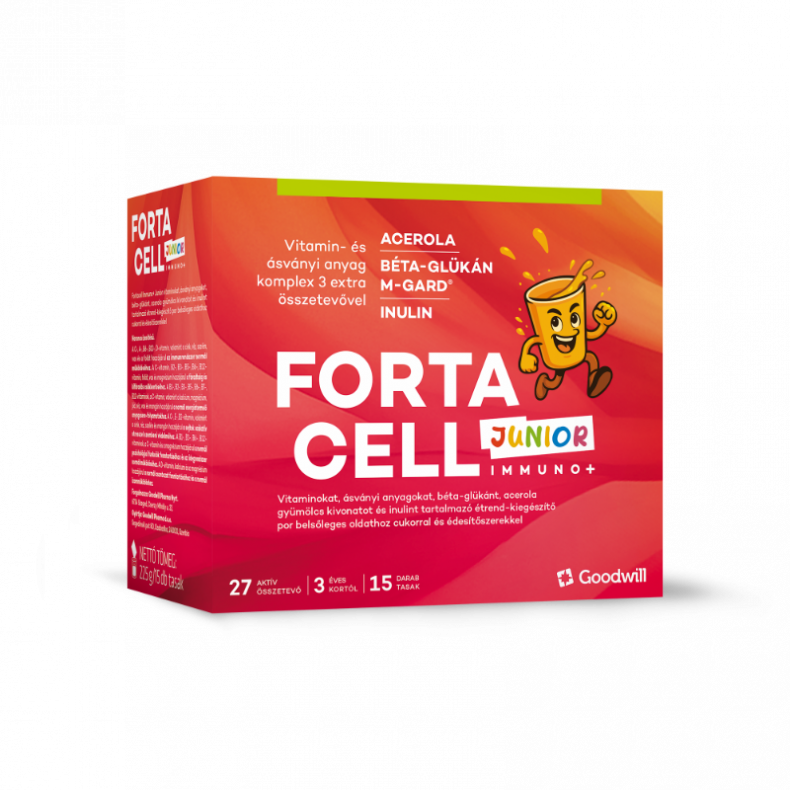 Fortacell Immuno+ Junior vitaminokat, ásványi anyagokat, béta-glükánt, acerola gyümölcs kivonatot és inulint tartalmazó étrend-kiegészítő por belsőleges oldathoz cukorral és édesítőszerekkel 15×